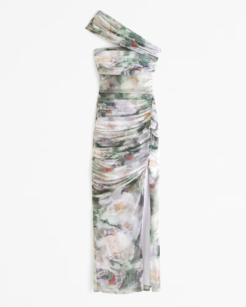 Mesh Asymmetrical Off-The-Shoulder Draped Maxi Dress | Abercrombie & Fitch (US)