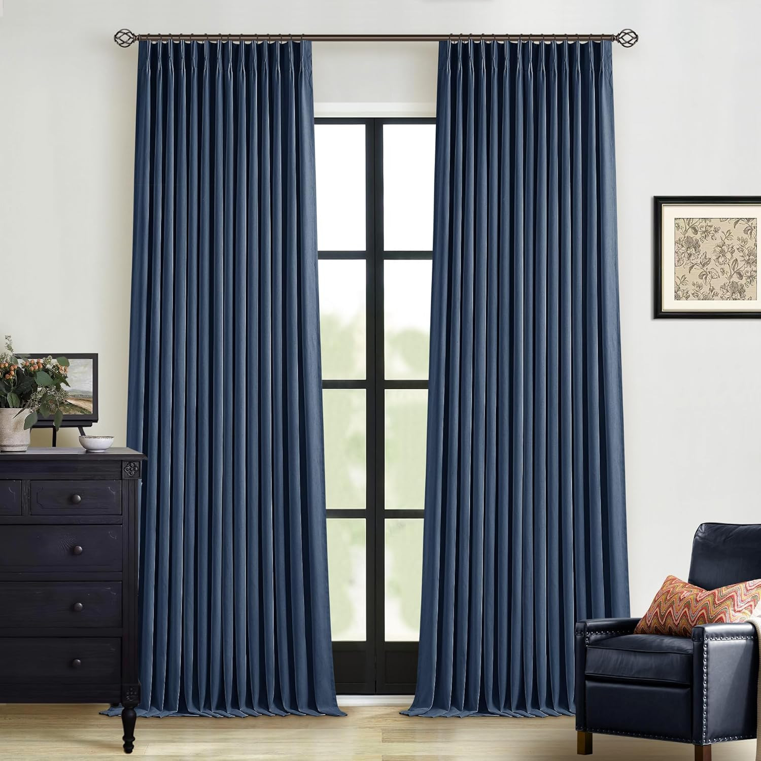Indigo Navy Pleated Linen Blackout Curtains 90 Inches Long for Bedroom | Amazon (US)