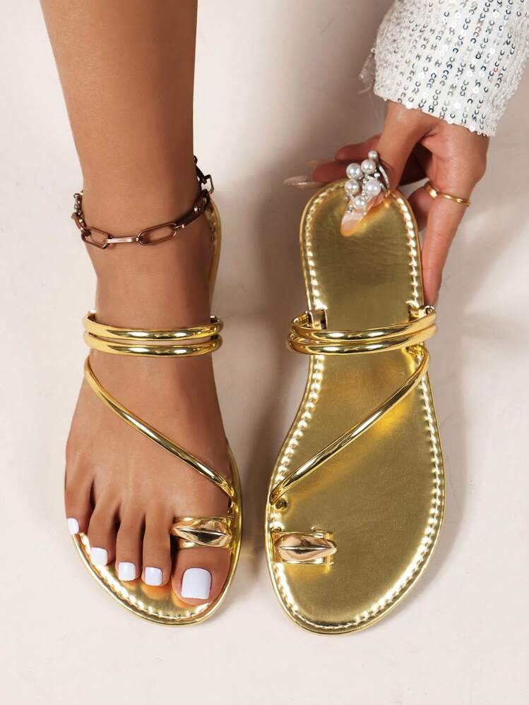 Women's Two Wearing Ways Flat Sandals With Toe Ring Strap, Gold,2024 New | SHEIN