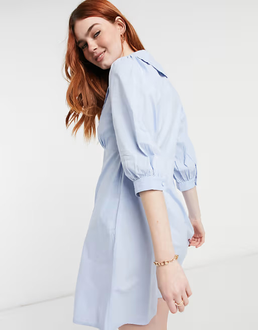 New Look poplin collar button through mini dress in light blue | ASOS (Global)