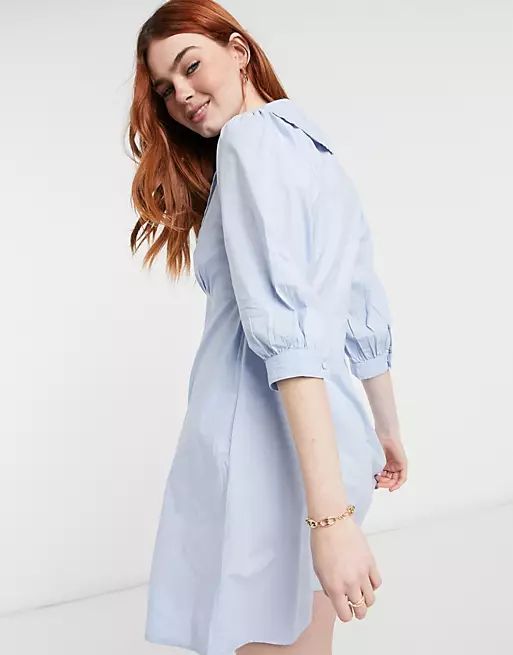 New Look poplin collar button through mini dress in light blue | ASOS (Global)