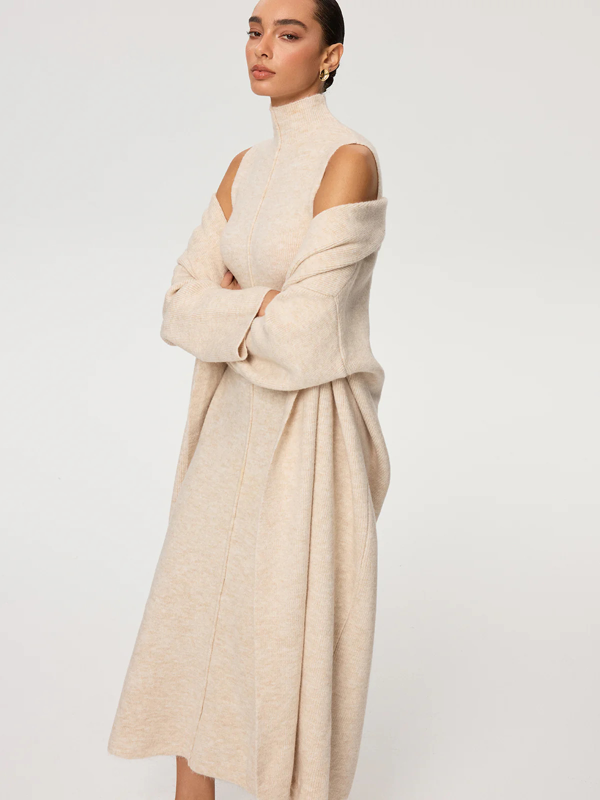 Knit Coat and Turtleneck Sleeveless Dress Two-Piece Set | Commense