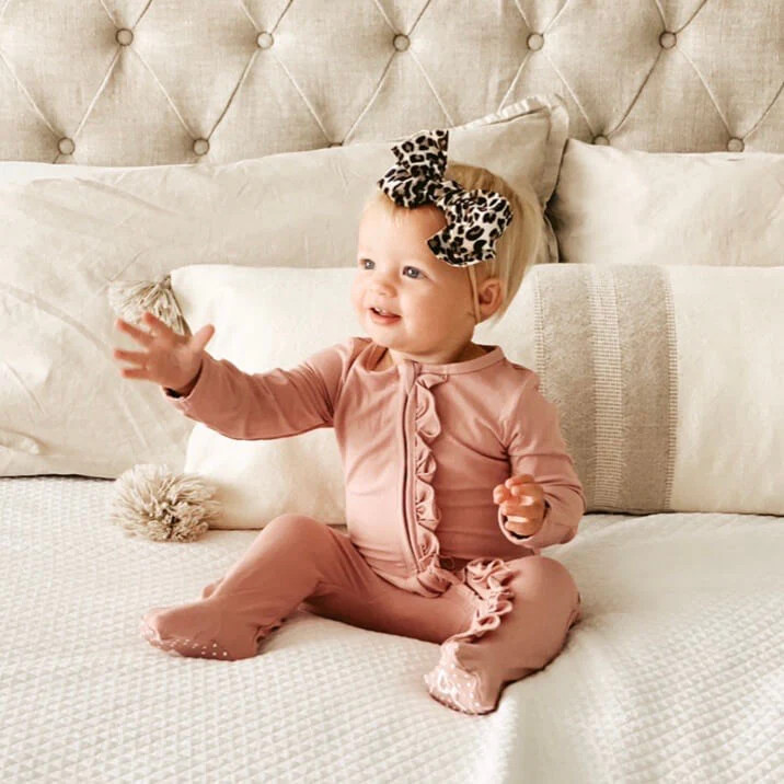 Solid Mauve Bamboo Zipper Ruffle Footie | Caden Lane