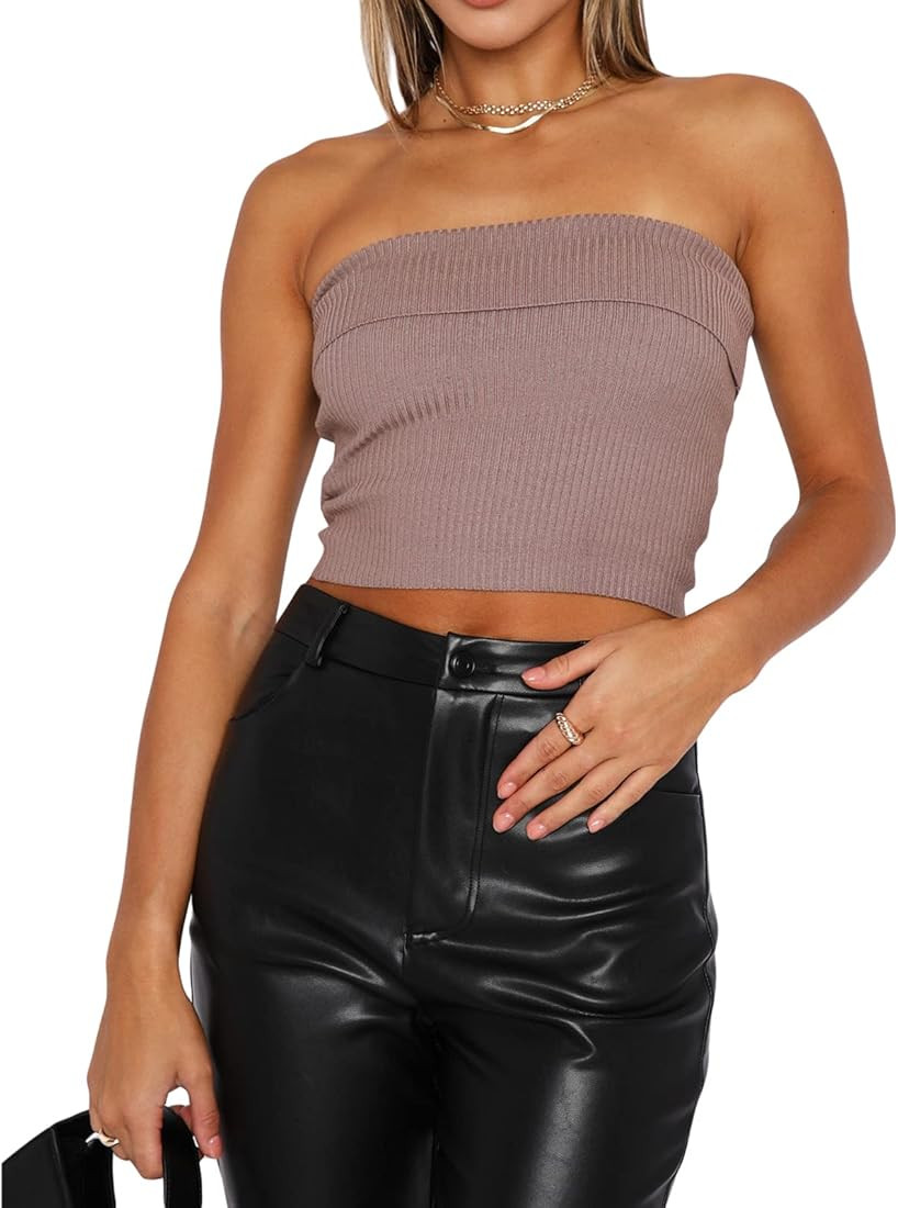 Strapless Crop Top for Women Twist Front Hollow Knitted Tube Top Sleeveless Bandeau Bustier Tops ... | Amazon (US)