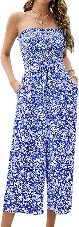 Angashion Women’s Jumpsuit-Casual Off Shoulder Sleeveless Ruffle Button Belt Wide Leg Jumpsuits... | Amazon (US)