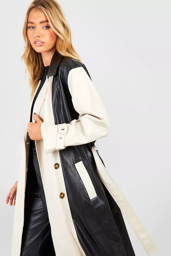 Color Block Faux Leather Trench Coat | boohoo (US & Canada)