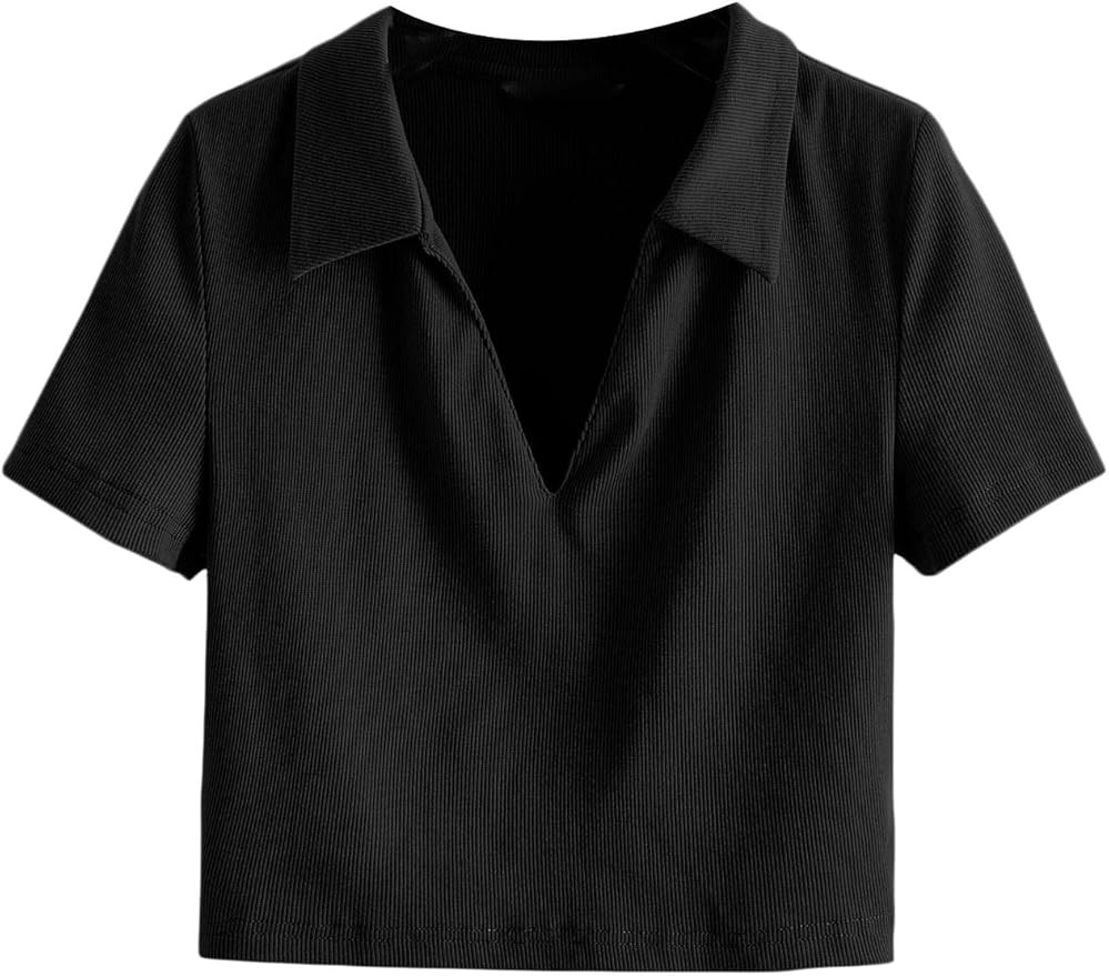 SweatyRocks Women's Collar Ribbed Knit Tee Short Sleeve Crop Top T-Shirts | Amazon (US)