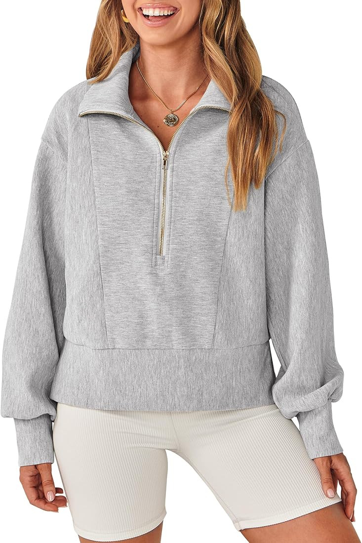 ANRABESS Women Half Zip Cropped Sweatshirt Casual Fleece Quarter Zip Up Rib Knit Pullover 2023 Fa... | Amazon (US)