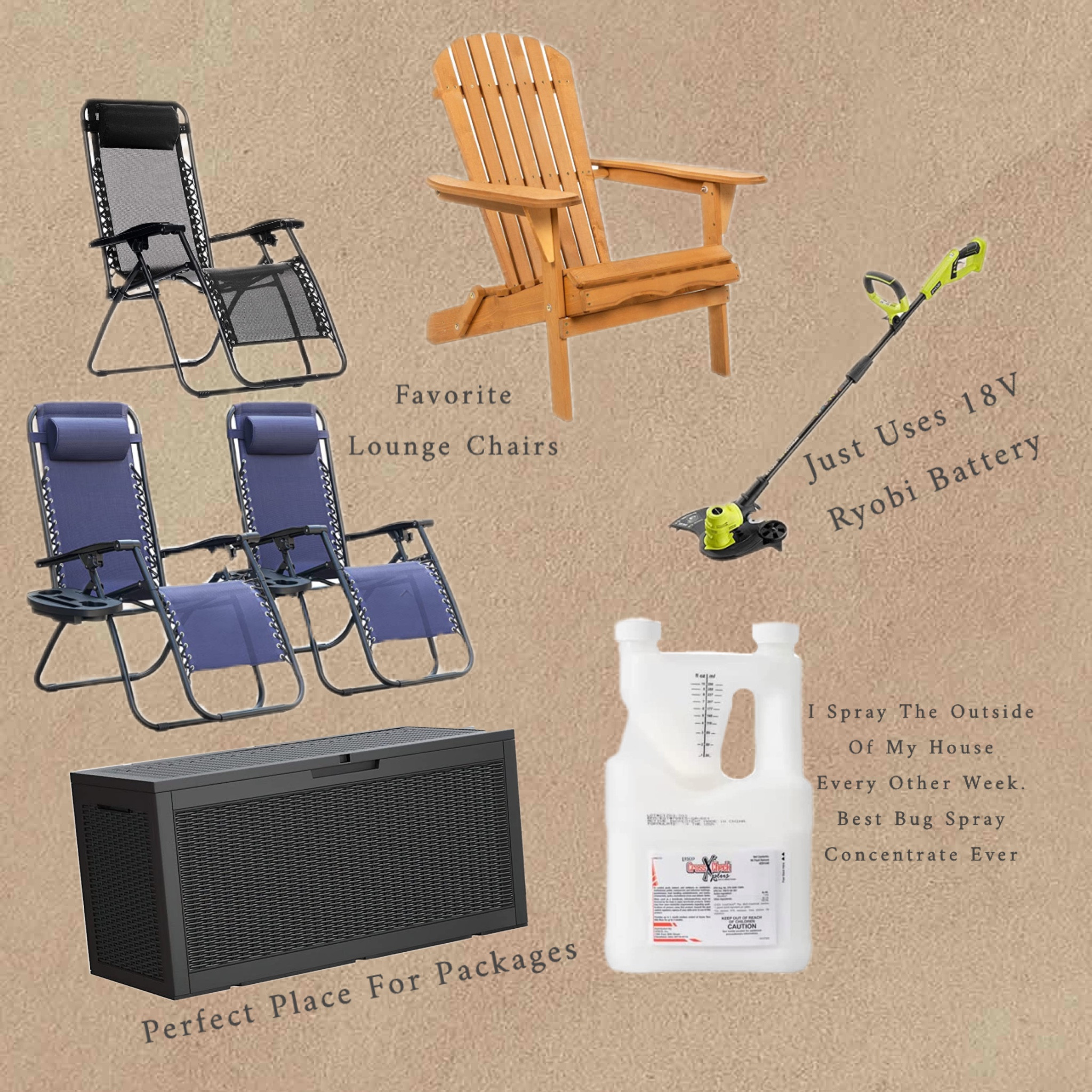 Amazon must haves. 
I have the zero gravity chairs and love sitting outside reading my kindle. 
Ryobi weed whacker just uses 18v Ryobi batteries so much easier than gas and truthfully works just as well as gas powered. Best bug spray ever! IT’s concentrate so you mix with water. I use it around my house 2 times a month and won’t use anything else. Storage box is a perfect place for packages to be delivered. That’s what I use mine for 

#LTKhome #LTKSeasonal