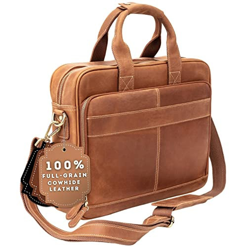 Luxorro Full-Grain Leather Briefcases for Men, Fits 15.6" Laptops, Brown Leather Laptop Briefcase For Men, Leather Computer Bag | Amazon (US)