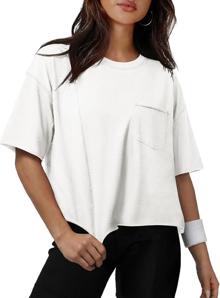 ATHMILE Womens Crop Tops Spring Summer Oversized T-Shirts Short Sleeve Workout Casual Drop Should... | Amazon (US)