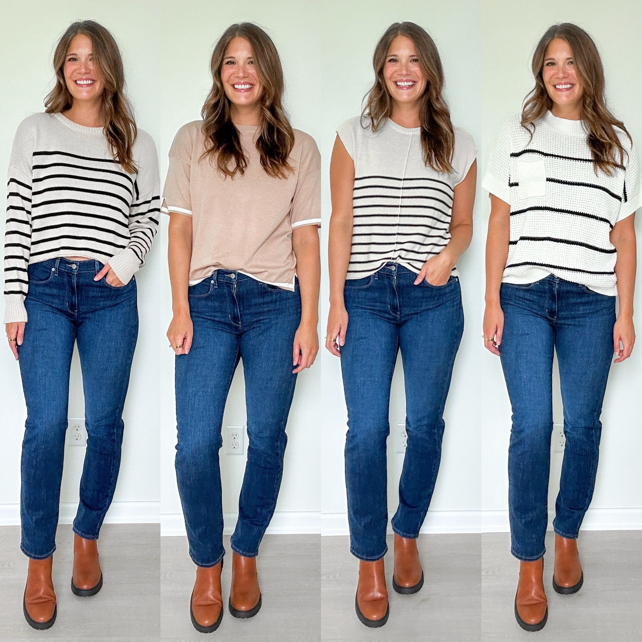 Amazon sweater / Amazon tops / tan and black cropped long sleeve sweater / tan white trim short sleeve sweater / short sleeve front seam striped sweater / batwing white and black striped chunky short sleeve sweater / dark wash long length straight leg jeans / brown chelsea boots

#LTKSeasonal #LTKBacktoSchool #LTKMidsize