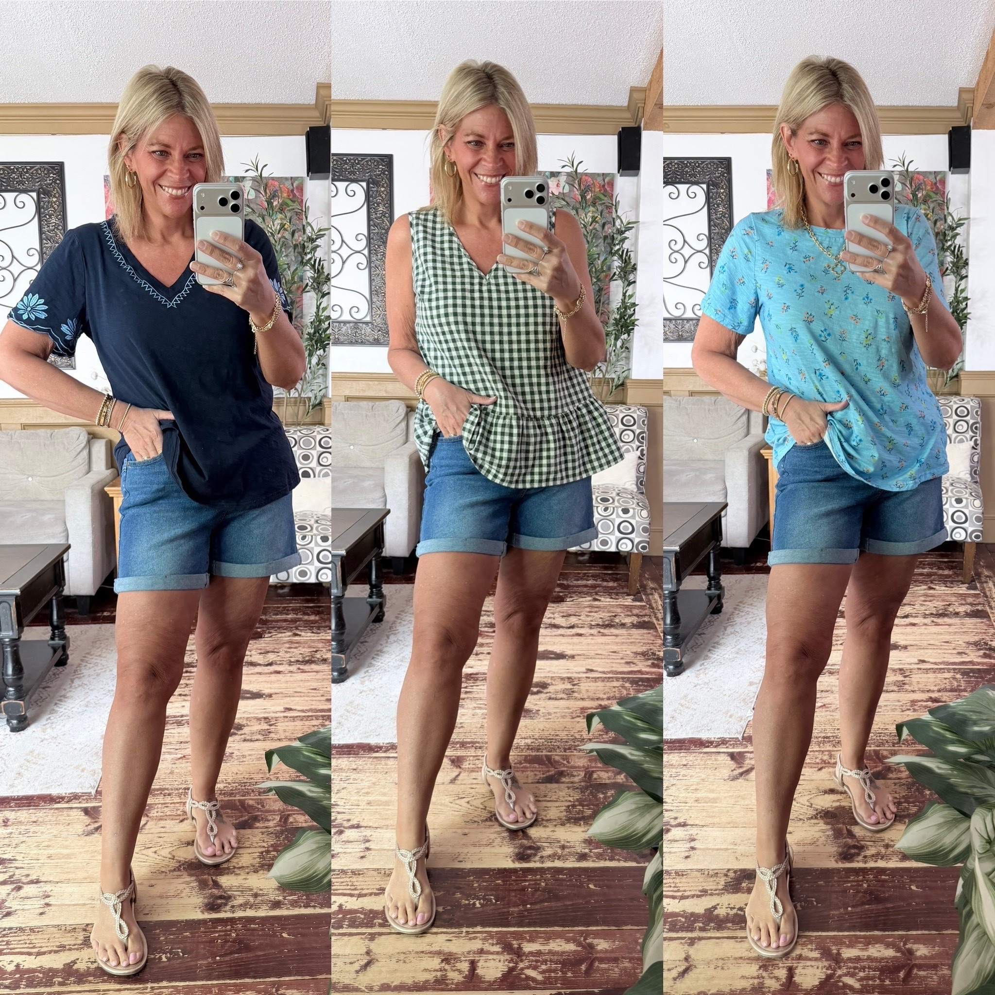 Casual summer tops and sewn cuffed hem elastic back shirt- size 10 in all items but I would prefer the 12 in the shorts.

#LTKOver40 #LTKMidsize #LTKSeasonal