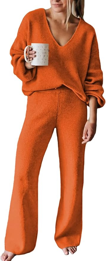 Fixmatti Women 2 Piece Knit Set Long Sleeve Pullover Sweater Top Wide Leg Pant Sweatsuit Outfits | Amazon (US)