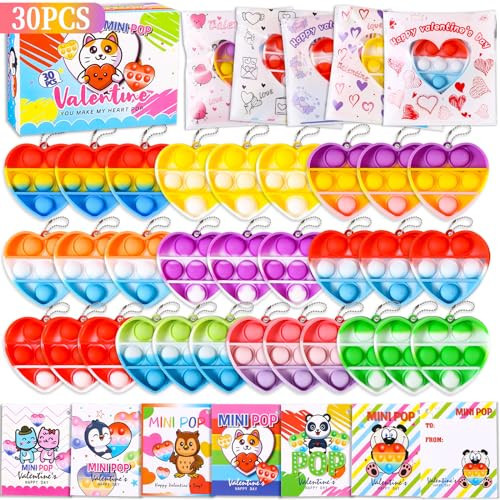 Valentines Day Gifts for Kids, 30 PCS Valentine Heart Mini Pop Fidget Toys with Cards, Classroom Exchange Party Favors, School Prize Supplies | Amazon (US)