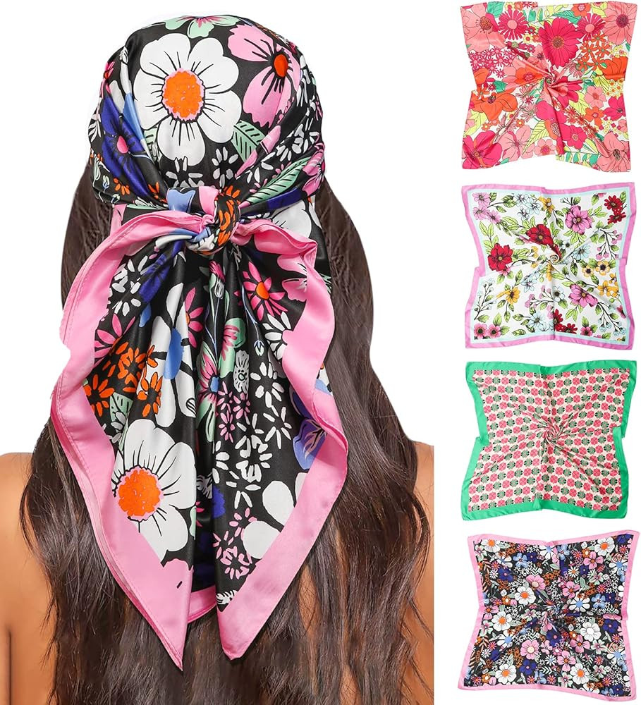 Molans 35” Satin Large Square Hair Scarves, 4pcs Silk Head Scarf Bandanas for Women,Silk Head W... | Amazon (US)