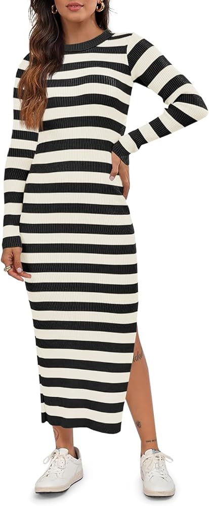 Wenrine Womens Striped Sweater Dress Fall Long Sleeve Crewneck Knit Slim Fit Split Casual Maxi Dr... | Amazon (US)