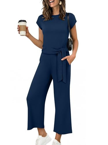 ANRABESS Women 2 Piece Outfits 2026 Summer Lounge Sets Cap Sleeve Tie Waisted Top Wide Leg Pant Airport Vacation Travel Sets Navy Blue Medium | Amazon (US)