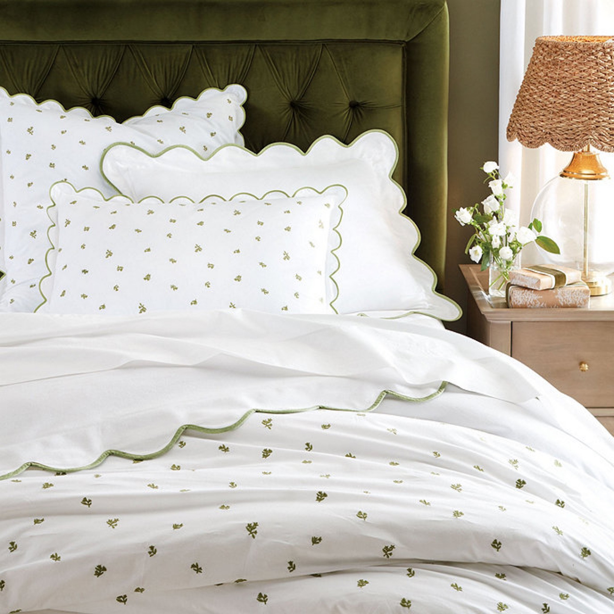 Beautiful scalloped bedding. On sale now. 

Green / sage / holiday home / Ballard design 

#LTKhome #LTKsalealert #LTKHoliday