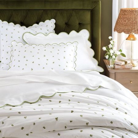 Beautiful scalloped bedding. On sale now. 

Green / sage / holiday home / Ballard design 

#LTKhome #LTKsalealert #LTKHoliday