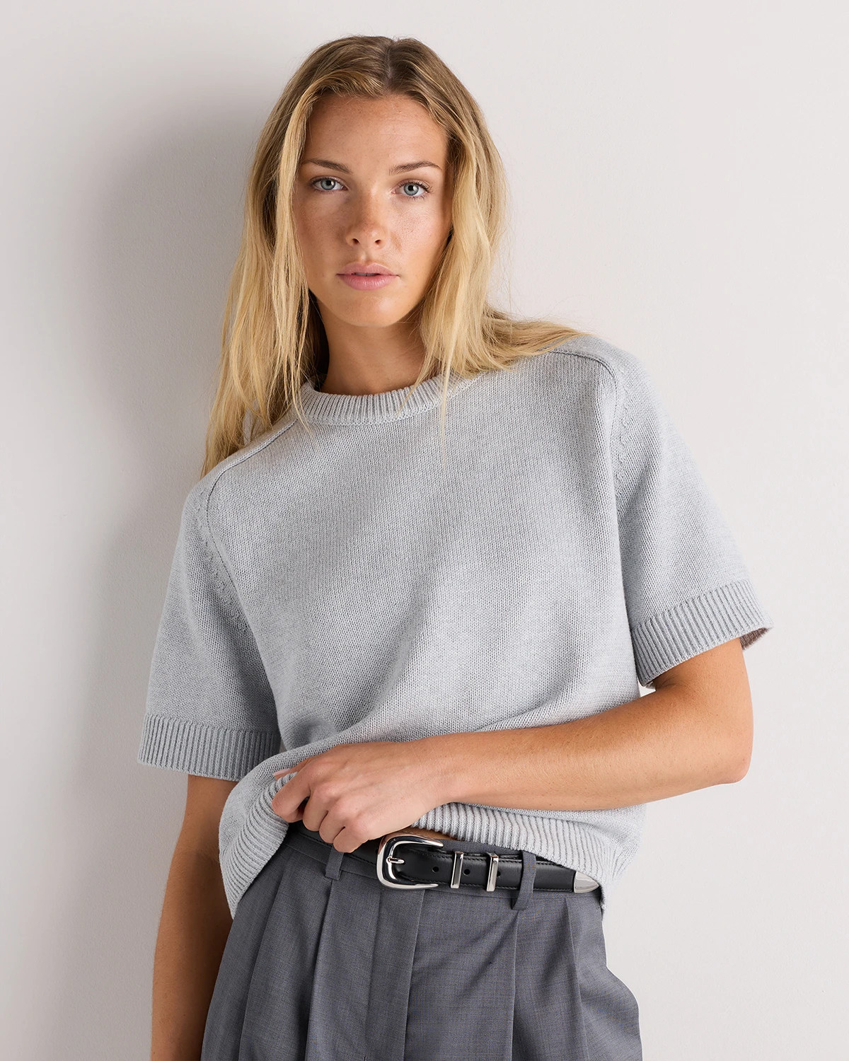 Quince | Women's Sweater T-Shirt in Speckled Beige, Size XL, Organic Cotton | Quince