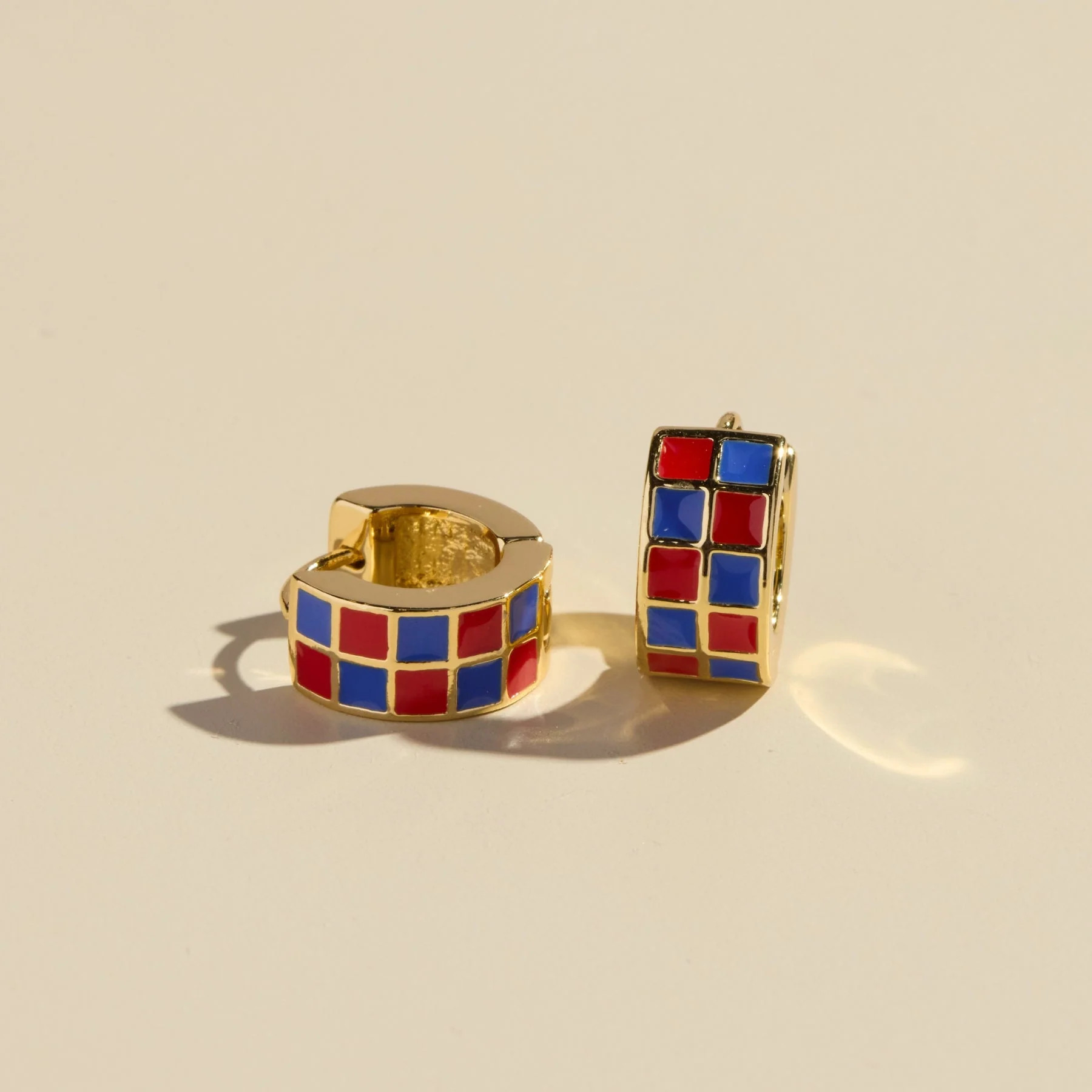 Red & Blue Checkered Enamel Huggie Earrings | Nickel and Suede