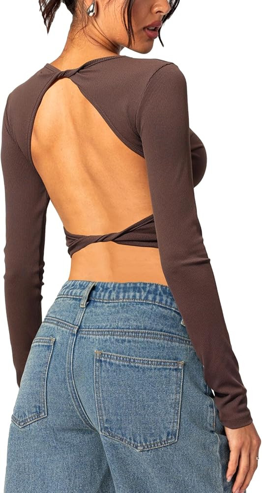 Women Open Back Top Going Out Tops Long Sleeve Ribbed Backless Top Shirt | Amazon (US)