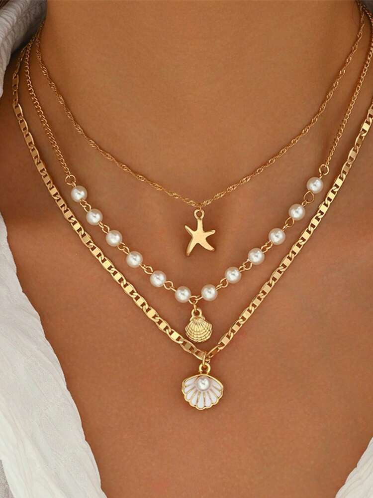 3pcs Summer Bohemian Style Multi-Color Faux Pearl Multi-Layer Necklace Set With Shell Pendant, Suitable For Beach, Travel, Daily Decoration, Outfit Matching, Dating, Party, Holiday Gift For Women | SHEIN