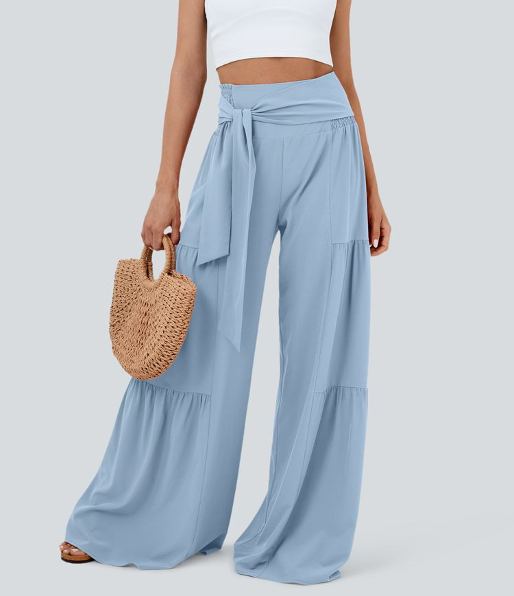 Women’s Breezeful™ High Waisted Shirred Tie Front & Back Plicated Wide Leg Flowy Quick Dry Ca... | HALARA