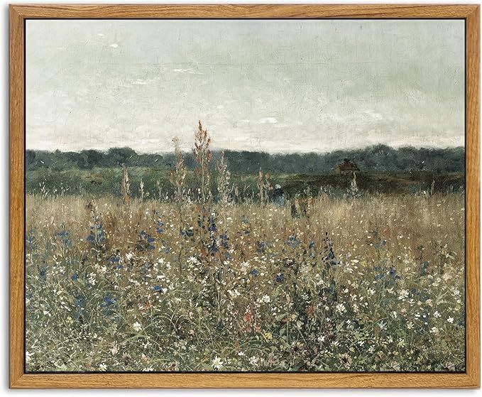 KBKBART Framed Canvas Print Wall Art, Vintage Wall art Wildflower Field Vintage Print, Neutral Co... | Amazon (US)