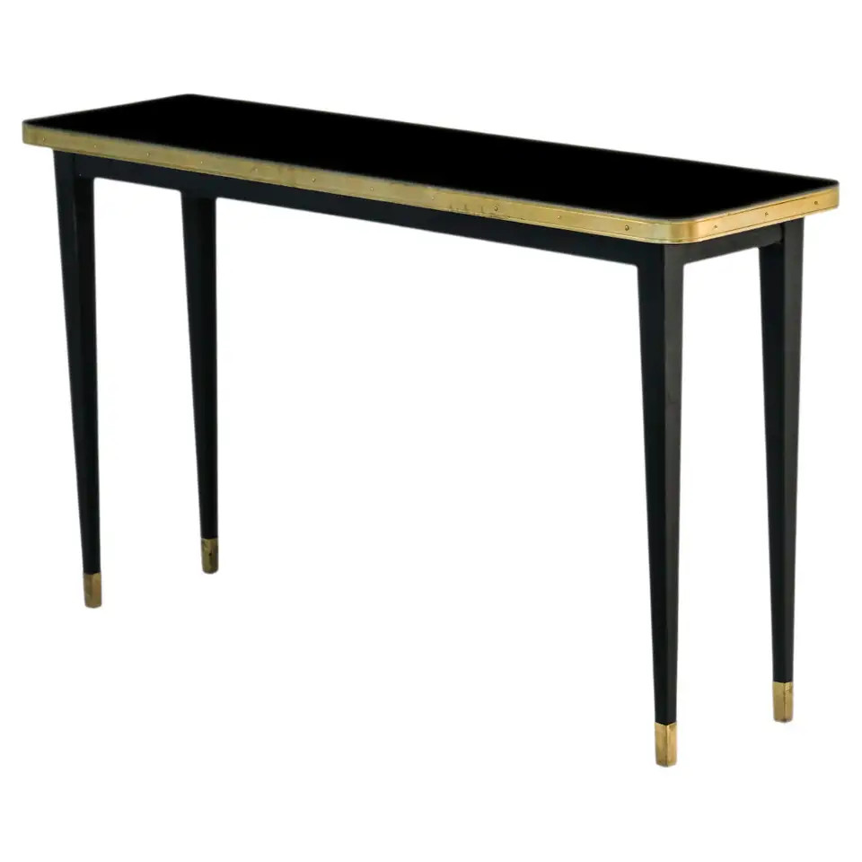 Console Table, High Gloss Laminate & Brass Details, Diamond Black - L | 1stDibs