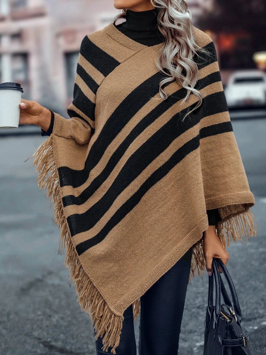 SHEIN Striped Pattern Fringe Trim Knit Poncho Sweater
   
      SKU: sw2209094937445583
         ... | SHEIN