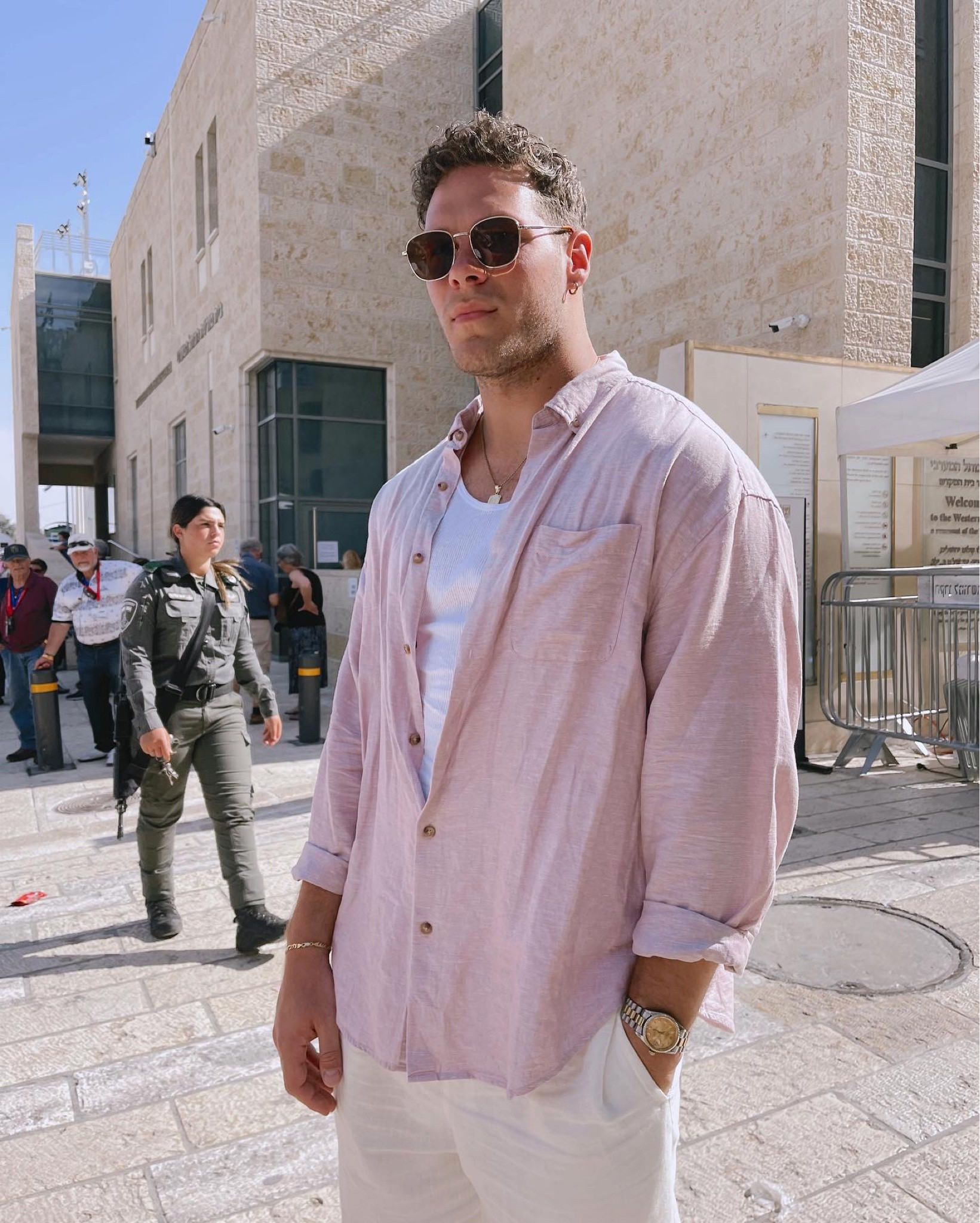 Men’s summer outfit. 90s oversized linen button down shirt, white tank, white linen pants (sold out on ASOS but linked another color as well as some similar ones. Pull&Bear also has lots of men’s linen), gold jewelry, ray-ban sunglasses 

#LTKGiftGuide #LTKmens #LTKstyletip