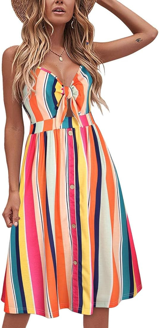 VOTEPRETTY Women's Floral V Neck Tie Front Spaghetti Strap Dresses with Pockets | Amazon (US)
