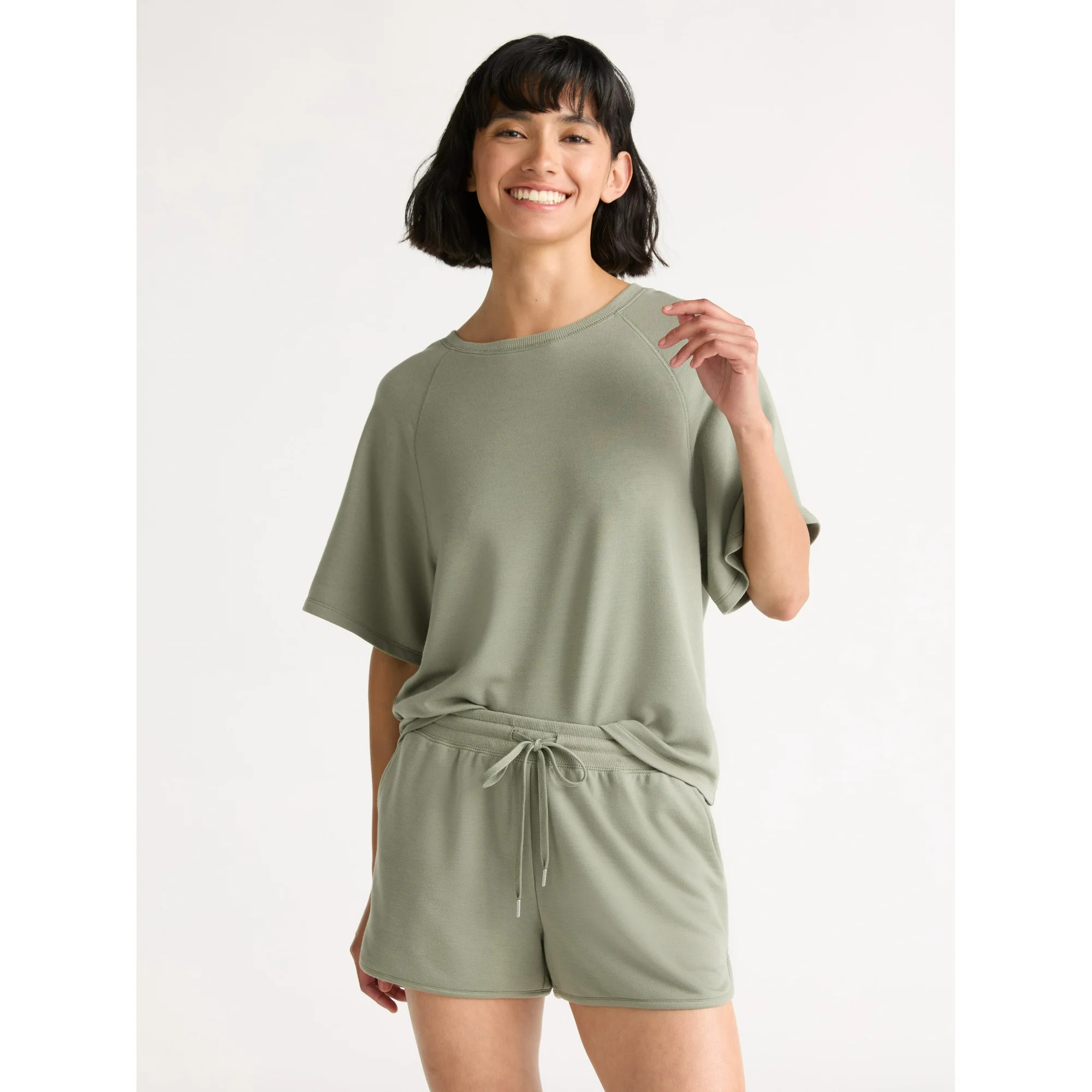Joyspun Women's French Terry Short Sleeve Top and Shorts Pajama Set, 2-Piece, Sizes XS-3X | Walmart (US)