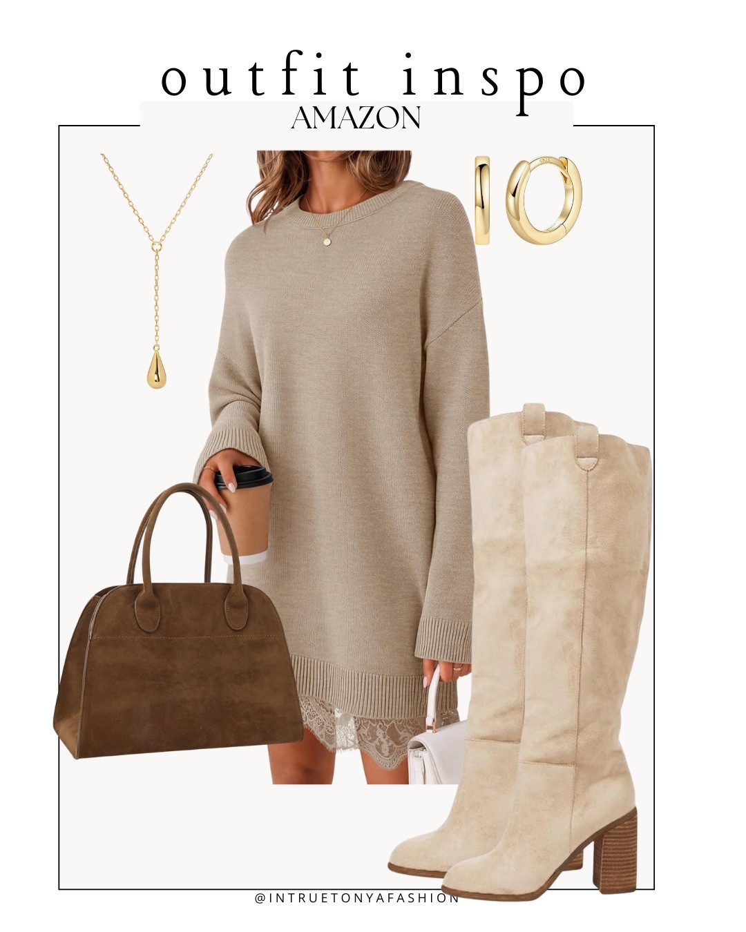 Fall sweater dress with knee high boots, faux suede bag, and gold jewelry 






Amazon outfits, fall outfit inspo, outfit ideas, casual outfits amazon, amazon outfits every day, outfit ideas 2026, fall outfits, fall outfits Amazon, midsize fall outfit inspo, petite outfits for fall, Amazon fall fashion, casual fall style, trending fall fashion, September outfit ideas, fall workwear, business casual, lace sweater dress,

#LTKootd #LTKSaleAlert #LTKWorkwear