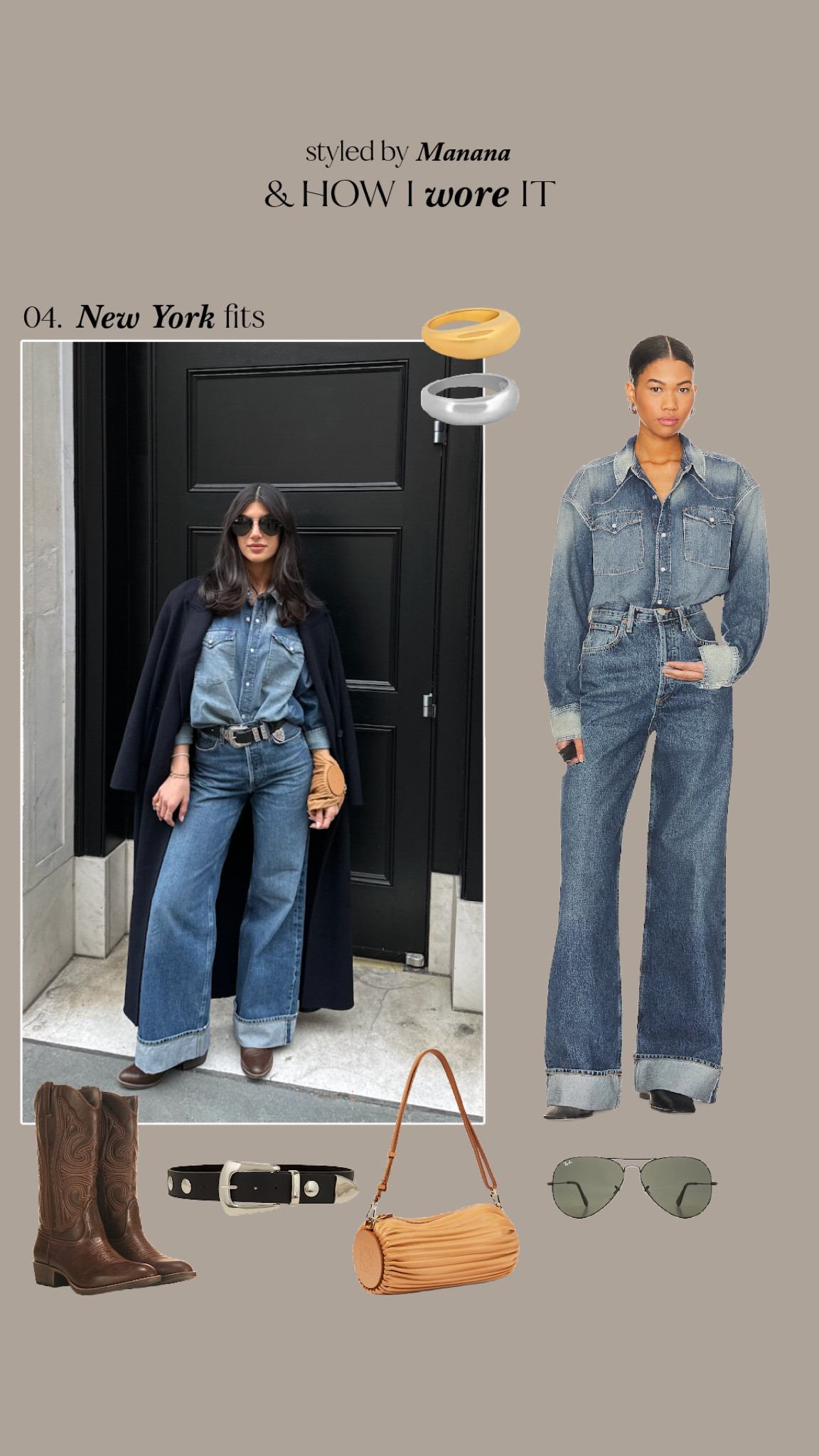 * linked similar items of once that are sold out * 

Top - size down 
Denims - size down
Boots - true to size 
Belt - linked similar, same brand
Coat - linked similar (original is Frankie Shop)