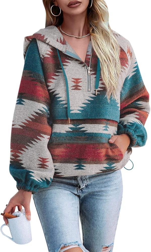 Fessceruna Womens Aztec Half Zip Up Hoodies Sweatshirt Casual Long Sleeve Oversized Ethnic Tribal... | Amazon (US)