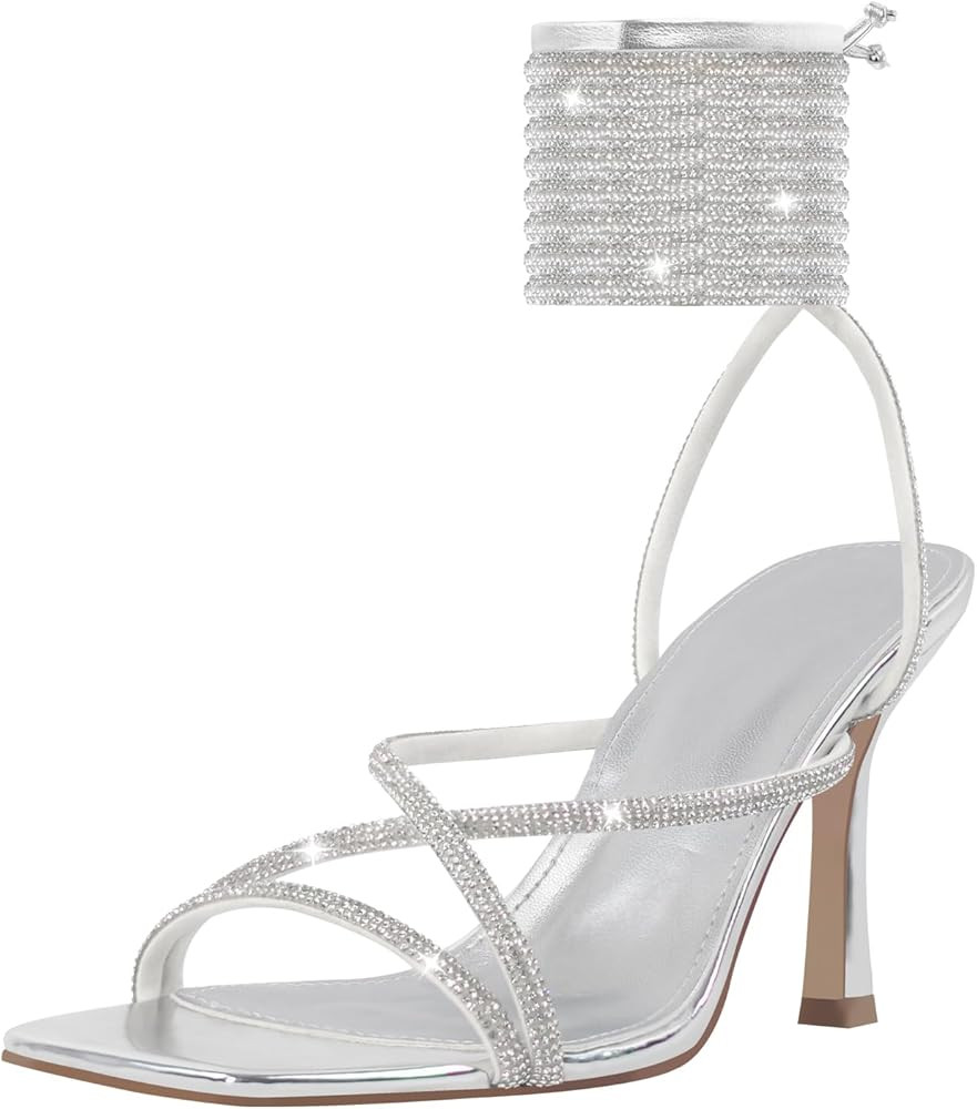 LISHAN Women's Rhinestone Bow Heel Square Toe Stiletto High Heels Ankle Strap Sandals | Amazon (US)