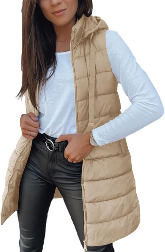 Veatzaer Women Long Vest Solid Color Sleeveless Hood Winter Puffer Vest Outwear | Amazon (US)