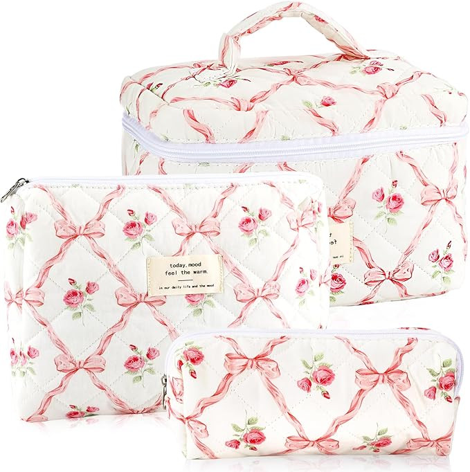 3Pcs Cotton Quilted Makeup Bag for Women Girls Large Small Travel Floral Cosmetic Bags Set Cute C... | Amazon (US)