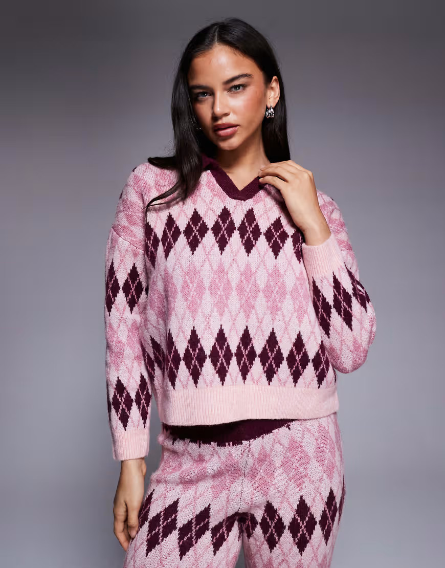 River Island argyle patterned knitted jumper co-ord in pink | ASOS (Global)