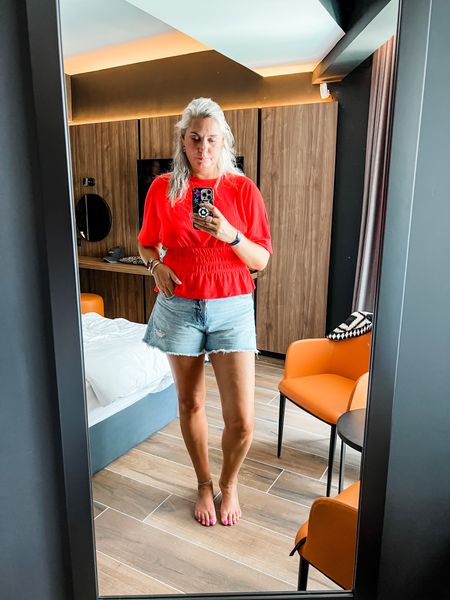 Outfits of the week. A red ruched waist t-shirt top paired with distressed denim shorts (I let the hems out). 



#LTKtravel #LTKover40 #LTKmidsize