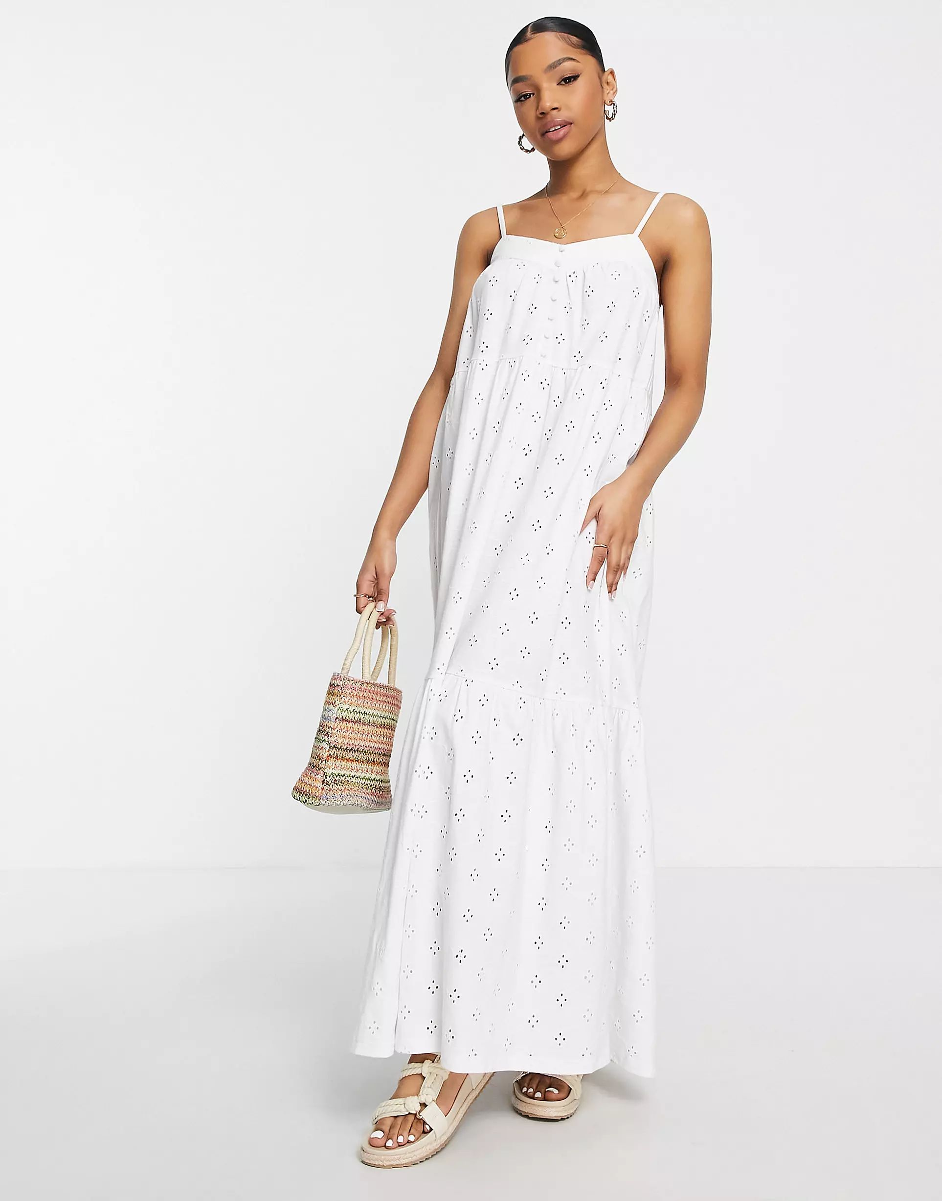 ASOS DESIGN broderie strappy maxi dress with buttons in white | ASOS (Global)