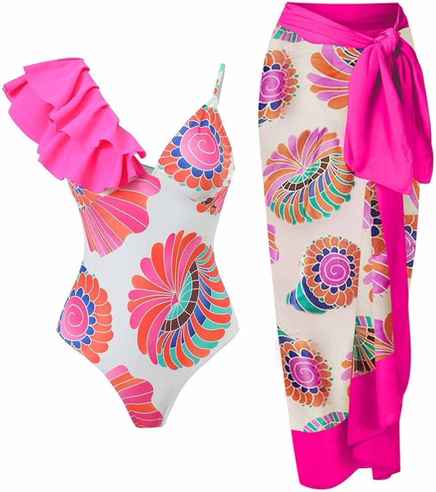 Cbcbtwo One Piece Swimsuit Women 2024 with Maxi Bikini Wrap Skirt 2 Piece Floral Print Bathing Su... | Amazon (US)