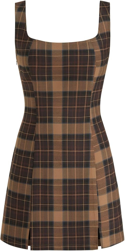 CIDER Mini Dress Plaid Checks Sleeveless Short Party Dress Scoop Neck Middle Waist Zipper Casual | Amazon (US)
