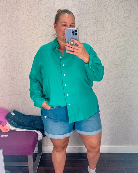  Casual Jean shorts with linen button up top. 

I love this Kelly green color and it’s such a great lightweight material for spring and summer. Perfect for a beach outfit. These Jean shorts are really comfortable and stretchy material. I love the wash and the length. I’m normally an 18:20 and wearing the 18 in both. 

#LTKOver40 #LTKPlusSize #LTKSeasonal
