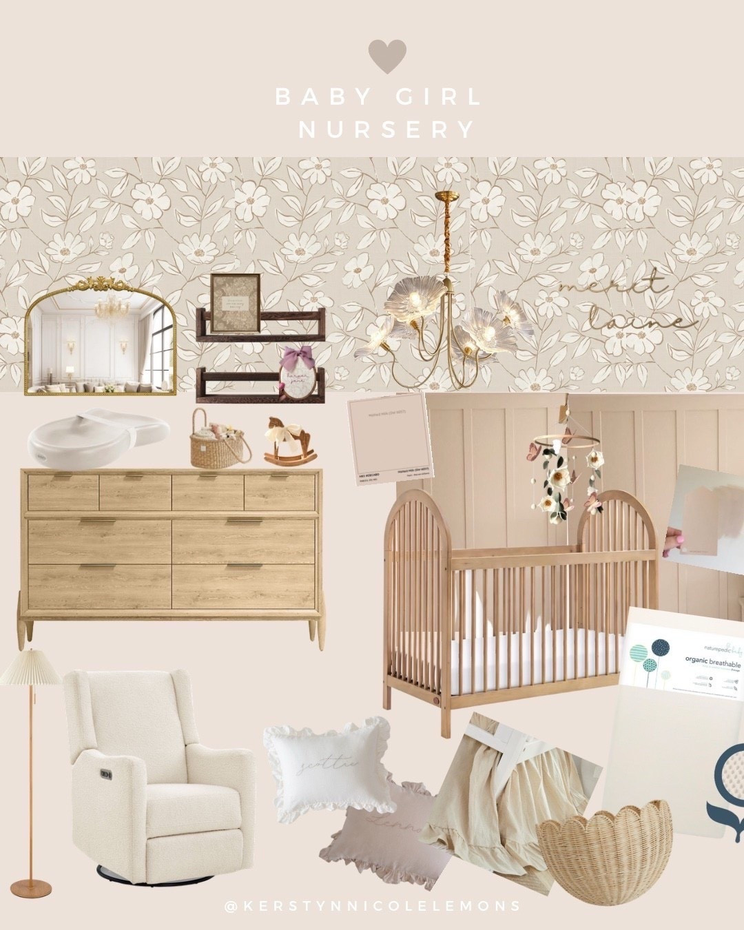 BABY GIRLS NURSERY DECOR | INSPIRATION BOARD 💓🌸🎀🩰🩷

✨ Baby Girl Nursery Mood Board ✨
Designing the sweetest neutral baby girl nursery with soft beige tones, warm wood textures, floral wallpaper, cozy fabrics, and timeless vintage-inspired decor. This nursery style is calming, feminine, minimal, organic, neutral, airy, warm, and cozy — perfect for creating a peaceful space for your little one.

Sharing all the nursery furniture, neutral nursery decor, boho baby room ideas, girl nursery inspiration, light wood crib, beige nursery paint colors, floral wallpaper, dresser styling, and baby room must-haves you can shop on LTK.
If you love soft neutrals, Scandinavian vibes, natural textures, and classic girl nursery decor, this is for you. 🤍🌿

✨ Shop my baby girl nursery details on LTK:
• Neutral crib
• Matching dresser
• Cozy glider
• Organic bedding
• Floral wallpaper
• Rattan + woven accents
• Vintage-inspired mirror
• Chandelier + wall art
• Soft pillows & blankets

#nurseryinspo #babygirlnursery #neutralnursery #nurserydecorideas #ltkhome #ltkbaby #bohonursery #neutralbabyroom #nurseryorganization #vintagenursery #babynurseryinspiration #babyroomideas #newbornprep #secondtrimester #pregnancyhomedecor

#LTKBaby #LTKHome #LTKKids