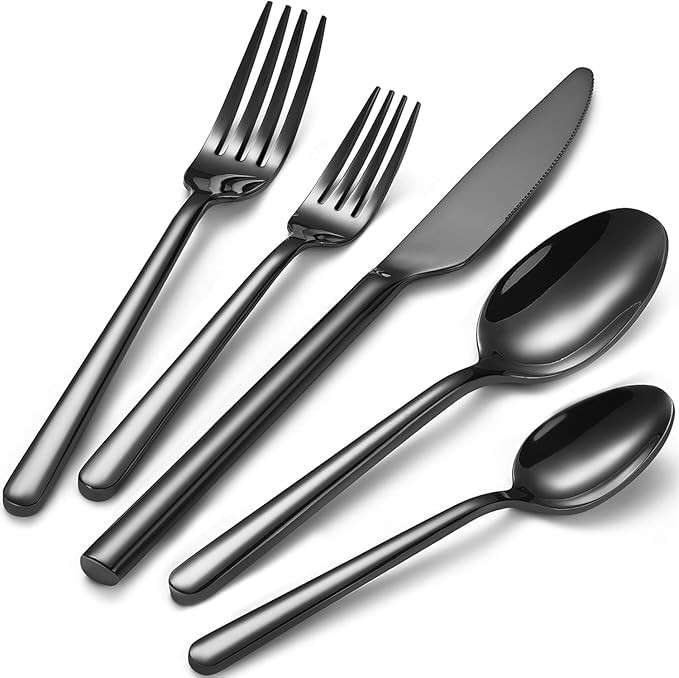 Black Silverware Set for 8, Heavy-Duty 18/0 Stainless Steel Black Flatware Cutlery Set, Modern Ro... | Amazon (US)