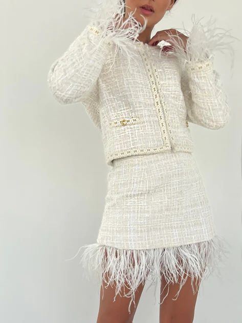 Freya Tweed & Braided Feather Trim Jacket | Cream | Vita Grace